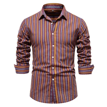 100% כותנה חולצת פסים לגברים, שרוול ארוך Turn-למטה צווארון חברתית Mens חולצות קלאסי אנשי עסקים בגדים Kawaii בגדים