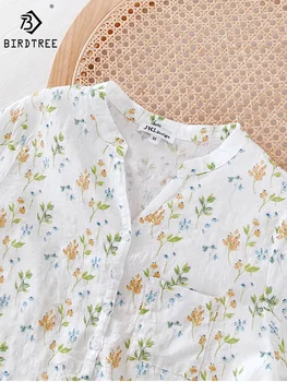 חדש בסתיו כותנה חולצות נשים פרחוני הדפסה מקסימום ילדה V-צוואר שרוול שלושת רבעי מזדמן מתוק חופשי חולצות האביב T39133QM