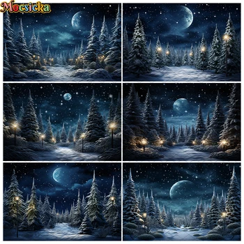 Mocsicka חורף רקע הלילה השמים המכוכבים סופר ירח תפאורה חג המולד עץ יער הילדים למבוגרים בסטודיו צילום רקע
