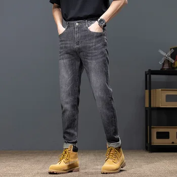 אביב קיץ מקרית Slim Fit גברים ישר ג 'ינס קלאסי בצבע אחיד שחור כחול ג' ינס מכנסיים מגמה חדשה אפליקציות אופנת רחוב