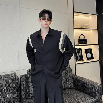 SYUHGFA סגנון קוריאני 2023 קיץ גברים חולצה ניגודיות צבע שרוול ארוך תכליתי זכר אופנה חדשה מקסימום נישה עיצוב חולצות