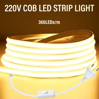 עמיד למים COB LED הרצועה 360leds/M 220V תקע האיחוד האירופי רה 90 בהירות גבוהה 3000K 4000K 6000K גמיש LED קלטת עבור חדר השינה המטבח