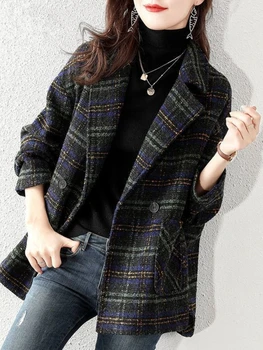 ג ' קטים לנשים משובץ חליפת צמר מעיל חדש קוריאני גרסת בדיקה רופפת אישה מעיל חורף אופנה אמצע אורך גרסה המעיל
